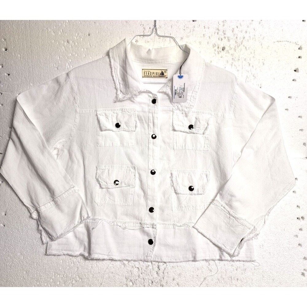 Seaspice Top Women Small White Long Sleeve Collared Raw Trim Button Up Button